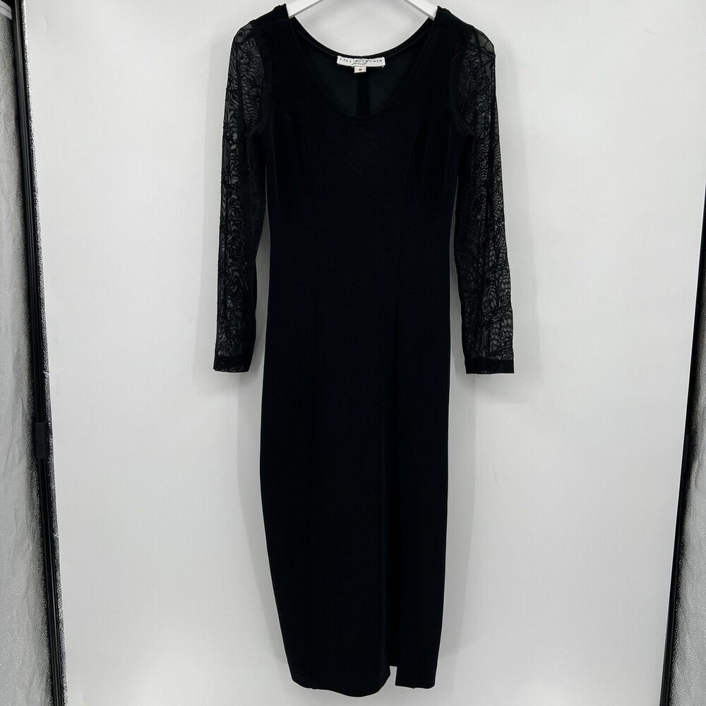 Vintage Lillie Rubin Black Midi Dress Side Leg Slit Lace Sleeves Size Medium